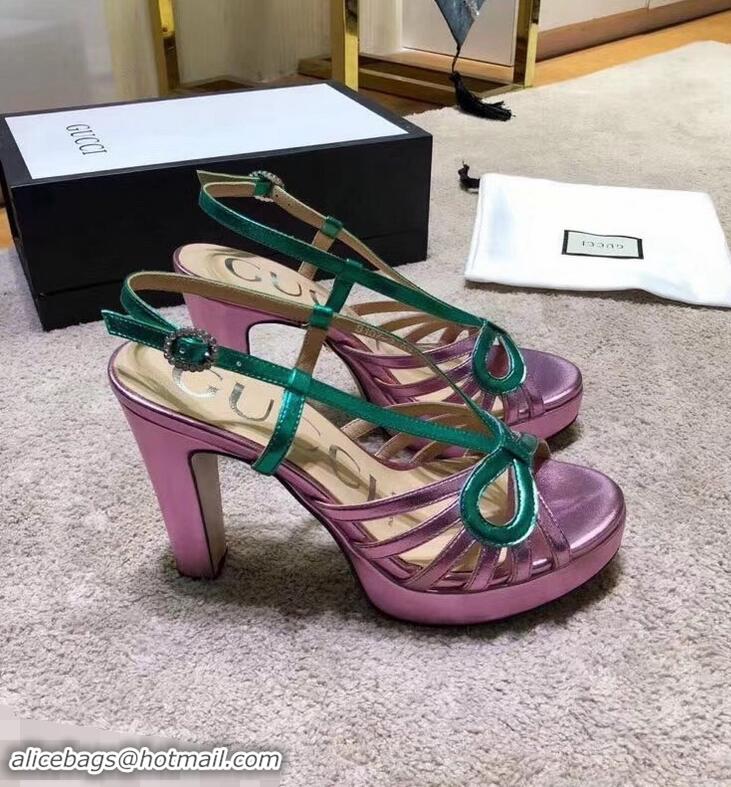 Discount Gucci Heel 10.5cm Platform 2.5cm Cut-out Bow Leather Sandals 549646 Pink/Green 2019