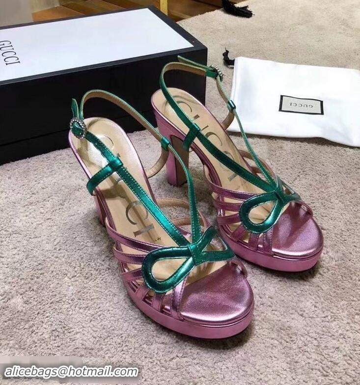 Discount Gucci Heel 10.5cm Platform 2.5cm Cut-out Bow Leather Sandals 549646 Pink/Green 2019