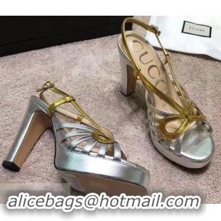 Cheapest Gucci Heel 10.5cm Platform 2.5cm Cut-out Bow Leather Sandals 549646 Silver/Gold 2019