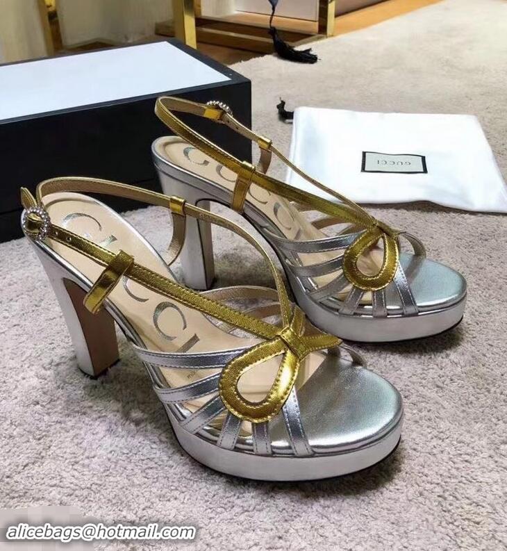 Cheapest Gucci Heel 10.5cm Platform 2.5cm Cut-out Bow Leather Sandals 549646 Silver/Gold 2019