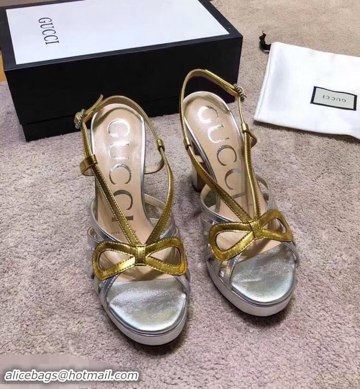 Cheapest Gucci Heel 10.5cm Platform 2.5cm Cut-out Bow Leather Sandals 549646 Silver/Gold 2019