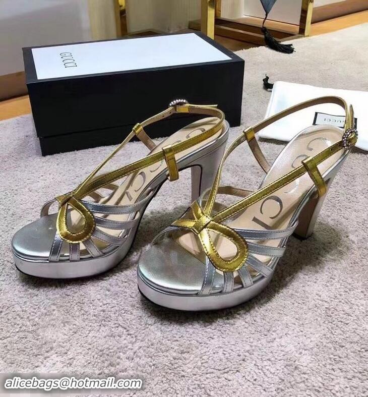 Cheapest Gucci Heel 10.5cm Platform 2.5cm Cut-out Bow Leather Sandals 549646 Silver/Gold 2019