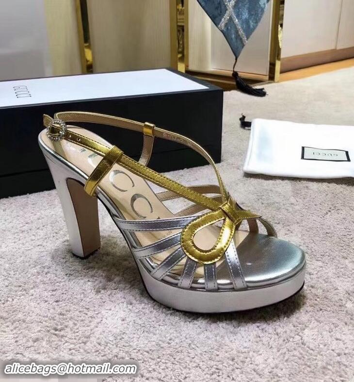 Cheapest Gucci Heel 10.5cm Platform 2.5cm Cut-out Bow Leather Sandals 549646 Silver/Gold 2019