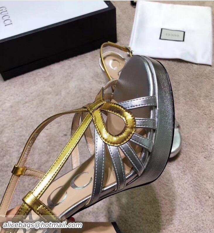 Cheapest Gucci Heel 10.5cm Platform 2.5cm Cut-out Bow Leather Sandals 549646 Silver/Gold 2019