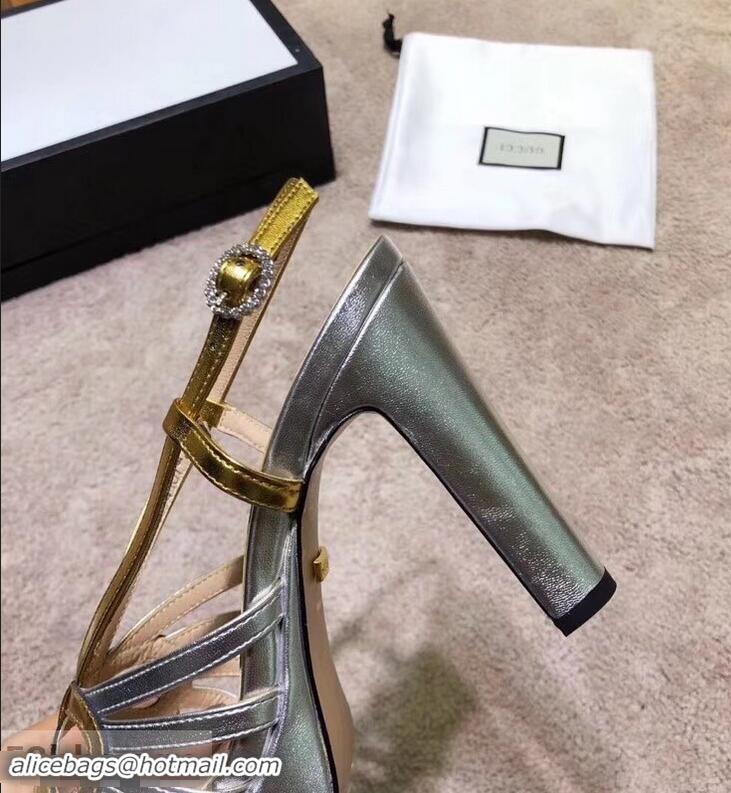 Cheapest Gucci Heel 10.5cm Platform 2.5cm Cut-out Bow Leather Sandals 549646 Silver/Gold 2019