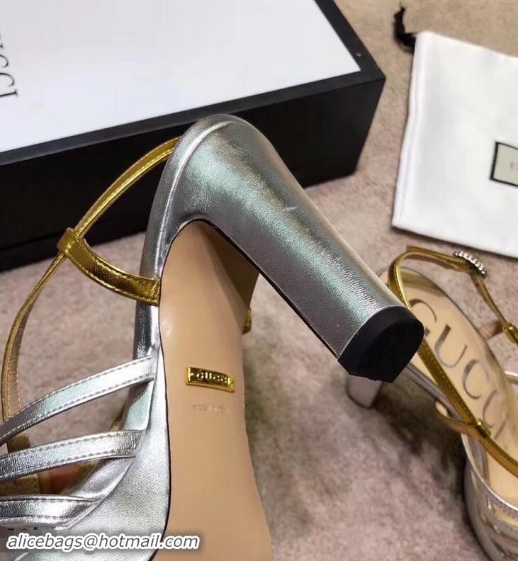 Cheapest Gucci Heel 10.5cm Platform 2.5cm Cut-out Bow Leather Sandals 549646 Silver/Gold 2019