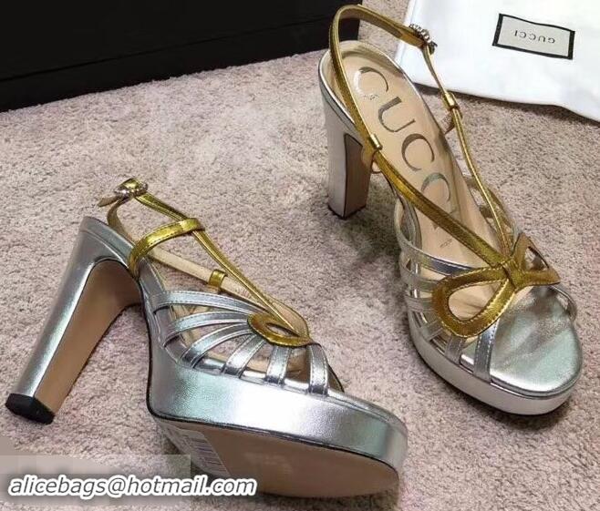 Cheapest Gucci Heel 10.5cm Platform 2.5cm Cut-out Bow Leather Sandals 549646 Silver/Gold 2019