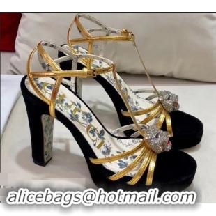 Imitation Gucci Heel 10.5cm Platform 2.5cm Feline Head Sandals C96328 Velvet Black/Gold 2019