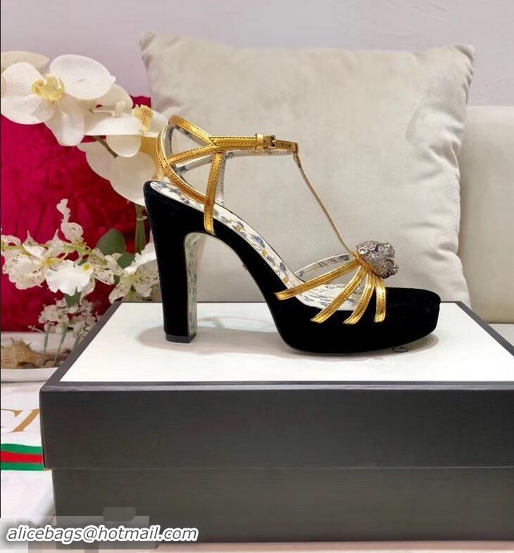 Imitation Gucci Heel 10.5cm Platform 2.5cm Feline Head Sandals C96328 Velvet Black/Gold 2019