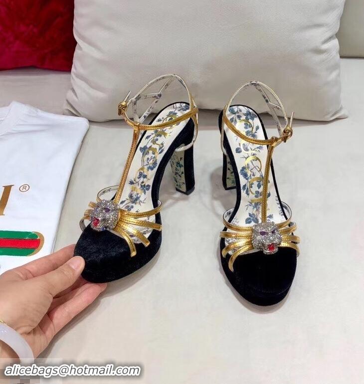 Imitation Gucci Heel 10.5cm Platform 2.5cm Feline Head Sandals C96328 Velvet Black/Gold 2019