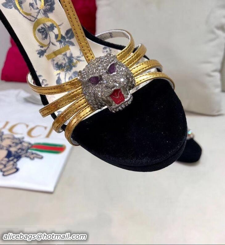 Imitation Gucci Heel 10.5cm Platform 2.5cm Feline Head Sandals C96328 Velvet Black/Gold 2019