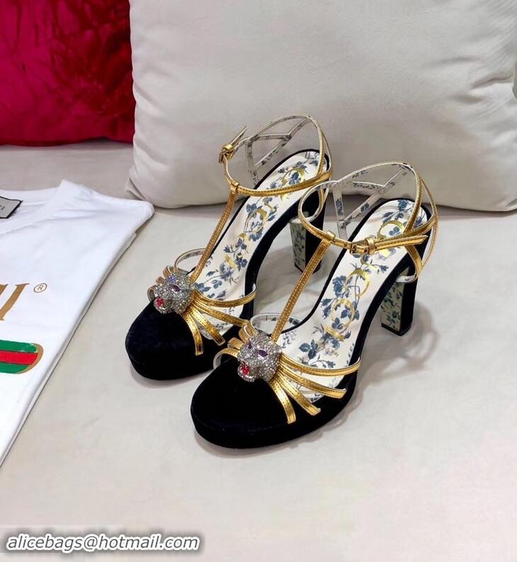 Imitation Gucci Heel 10.5cm Platform 2.5cm Feline Head Sandals C96328 Velvet Black/Gold 2019