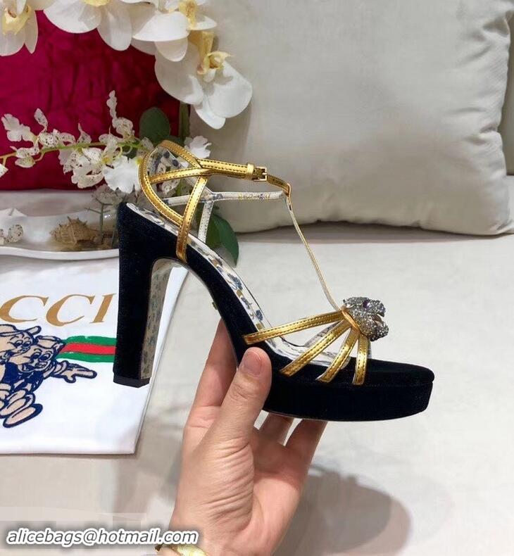 Imitation Gucci Heel 10.5cm Platform 2.5cm Feline Head Sandals C96328 Velvet Black/Gold 2019