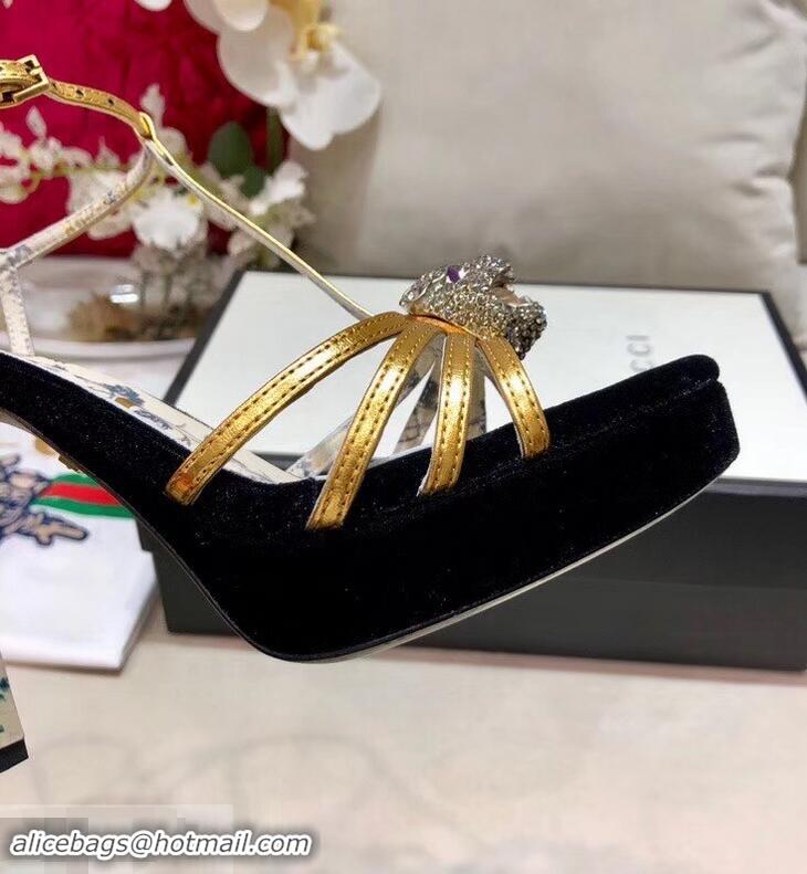 Imitation Gucci Heel 10.5cm Platform 2.5cm Feline Head Sandals C96328 Velvet Black/Gold 2019