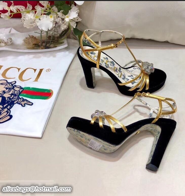 Imitation Gucci Heel 10.5cm Platform 2.5cm Feline Head Sandals C96328 Velvet Black/Gold 2019