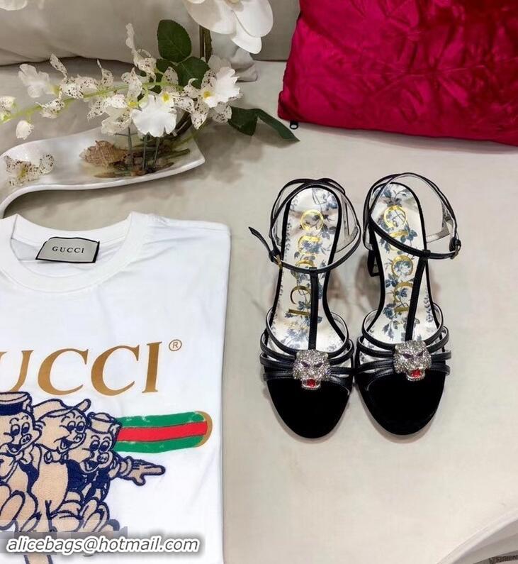 High Quality Gucci Heel 10.5cm Platform 2.5cm Feline Head Sandals Leather C96328 Black 2019