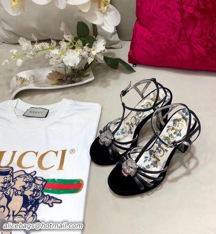 High Quality Gucci Heel 10.5cm Platform 2.5cm Feline Head Sandals Leather C96328 Black 2019