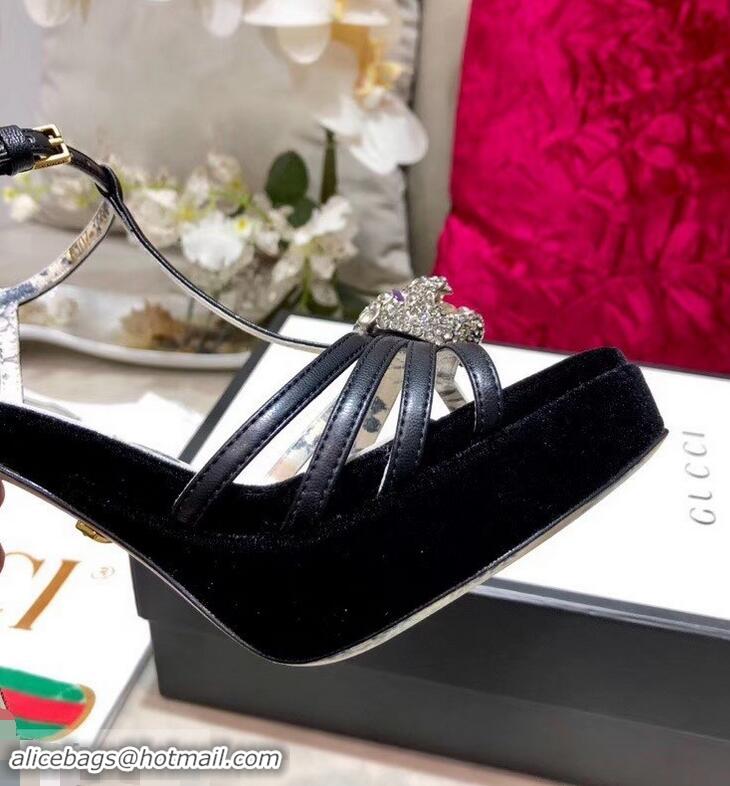 High Quality Gucci Heel 10.5cm Platform 2.5cm Feline Head Sandals Leather C96328 Black 2019