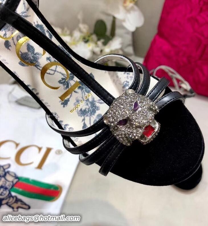 High Quality Gucci Heel 10.5cm Platform 2.5cm Feline Head Sandals Leather C96328 Black 2019