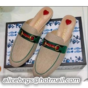 Best Quality Gucci Web with Horsebit Princetown Canvas Slipper C96332 Beige/Green 2019