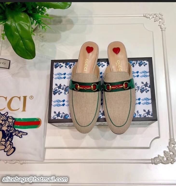 Best Quality Gucci Web with Horsebit Princetown Canvas Slipper C96332 Beige/Green 2019