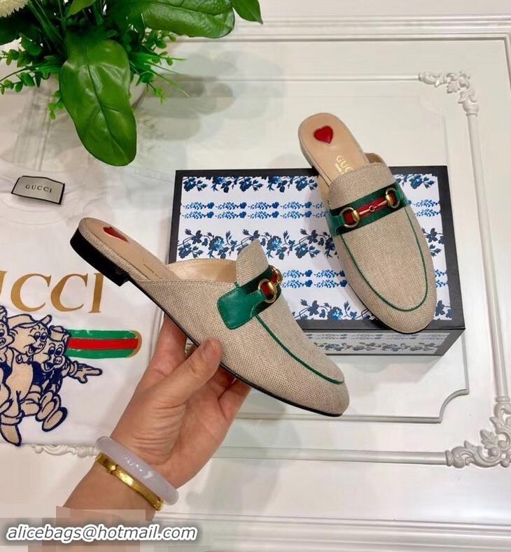 Best Quality Gucci Web with Horsebit Princetown Canvas Slipper C96332 Beige/Green 2019