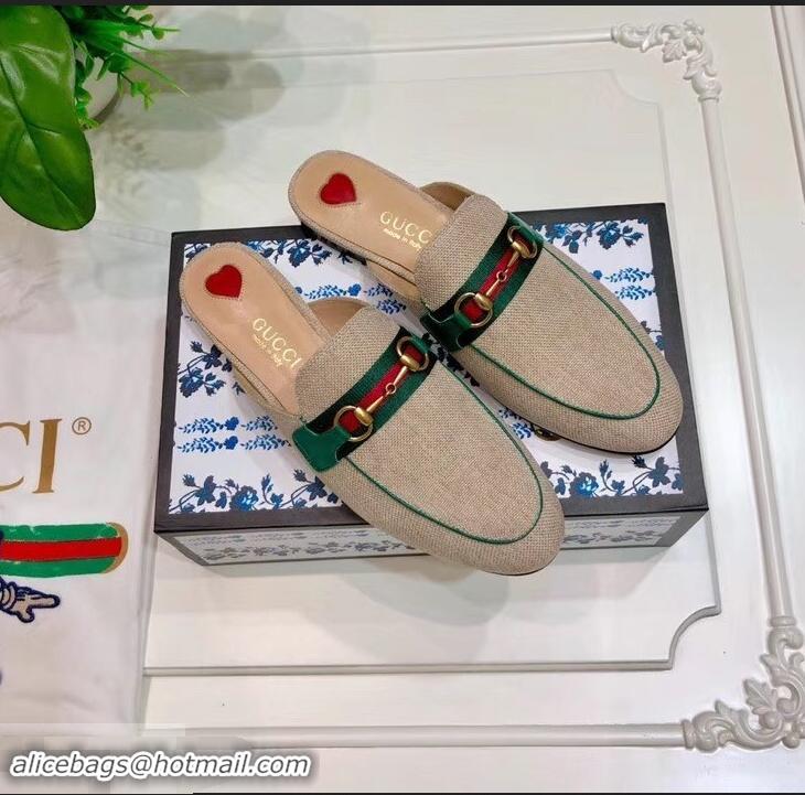 Best Quality Gucci Web with Horsebit Princetown Canvas Slipper C96332 Beige/Green 2019