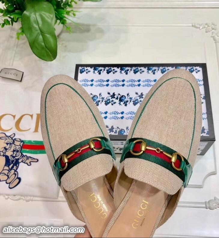 Best Quality Gucci Web with Horsebit Princetown Canvas Slipper C96332 Beige/Green 2019