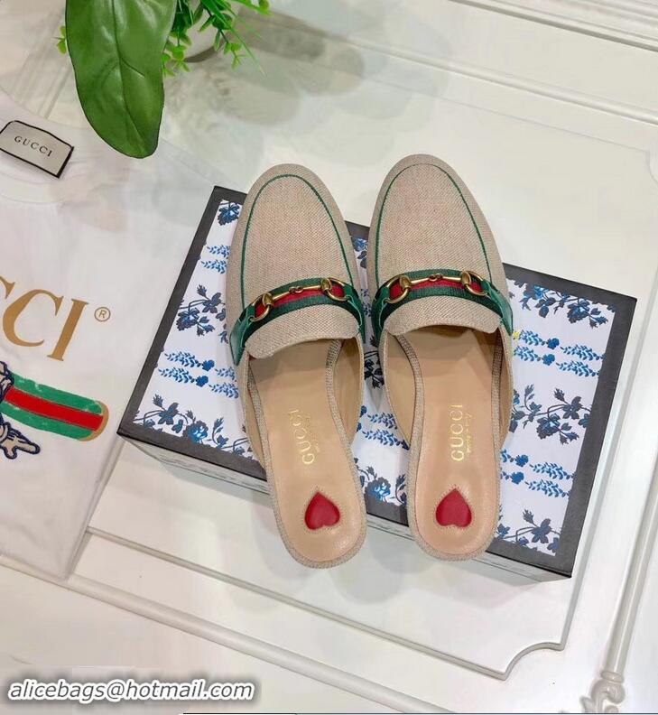 Best Quality Gucci Web with Horsebit Princetown Canvas Slipper C96332 Beige/Green 2019