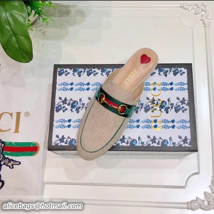 Best Quality Gucci Web with Horsebit Princetown Canvas Slipper C96332 Beige/Green 2019