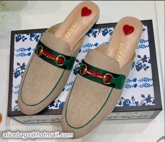 Best Quality Gucci Web with Horsebit Princetown Canvas Slipper C96332 Beige/Green 2019