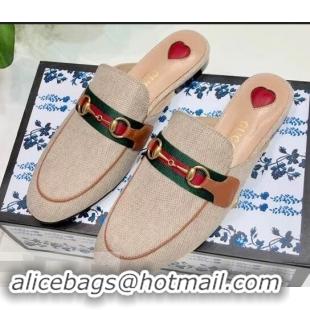 Hot Sell Gucci Web with Horsebit Princetown Canvas Slipper C96332 Beige/Brown 2019