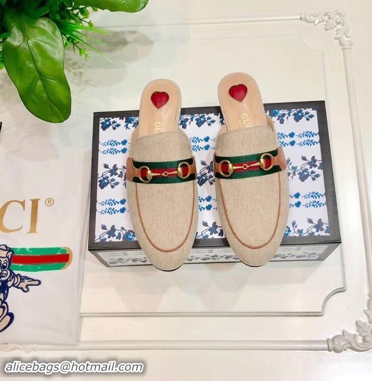 Hot Sell Gucci Web with Horsebit Princetown Canvas Slipper C96332 Beige/Brown 2019