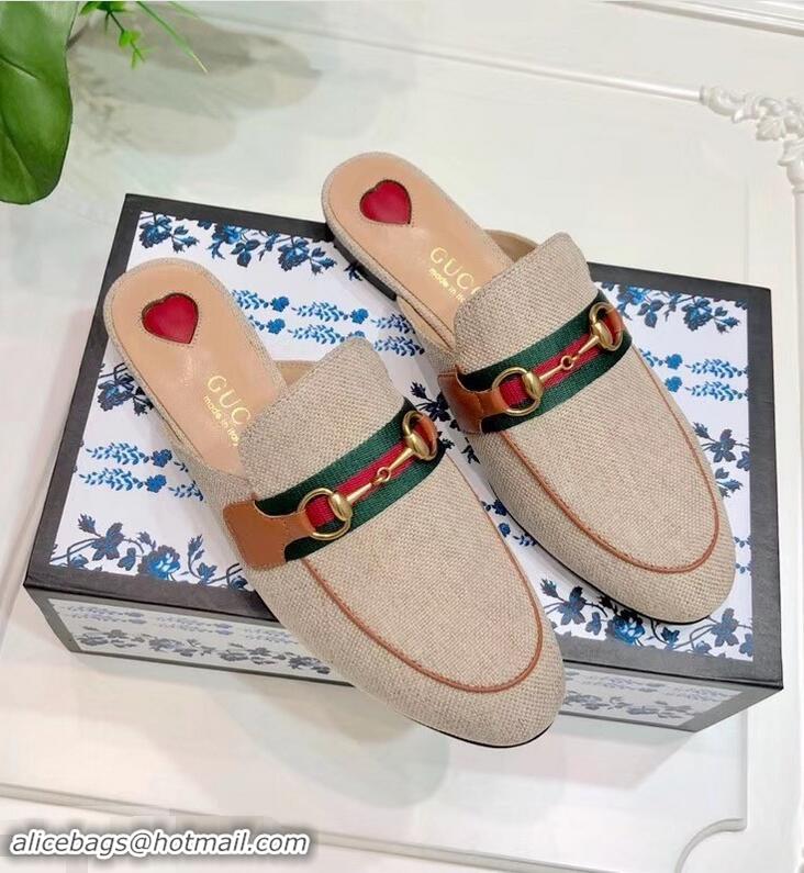 Hot Sell Gucci Web with Horsebit Princetown Canvas Slipper C96332 Beige/Brown 2019