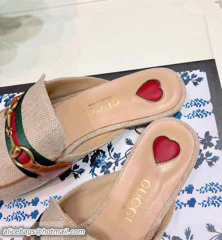 Hot Sell Gucci Web with Horsebit Princetown Canvas Slipper C96332 Beige/Brown 2019