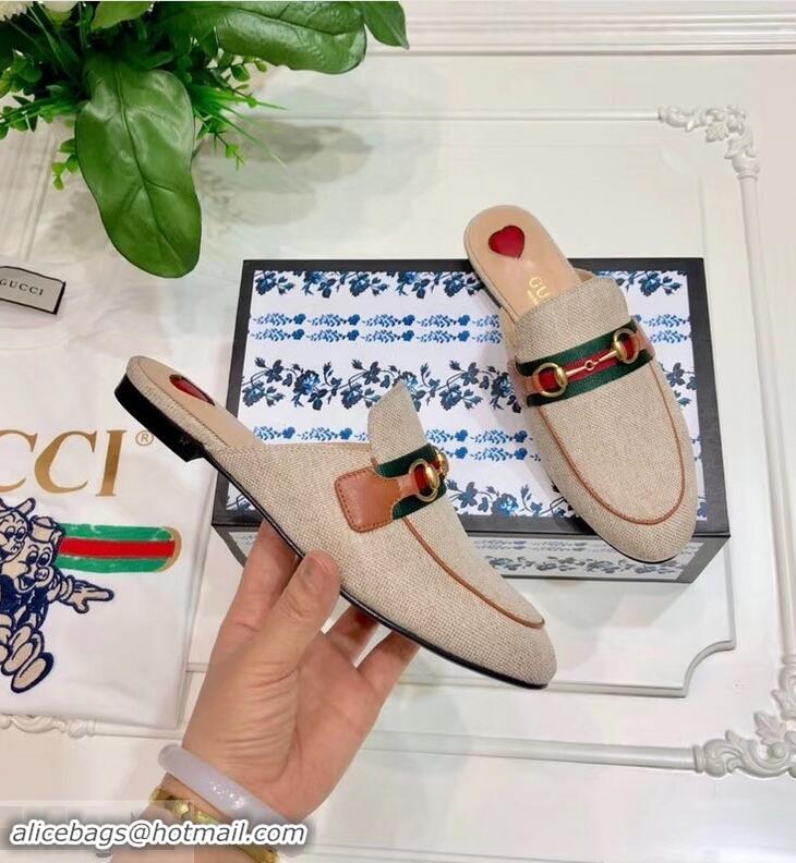 Hot Sell Gucci Web with Horsebit Princetown Canvas Slipper C96332 Beige/Brown 2019