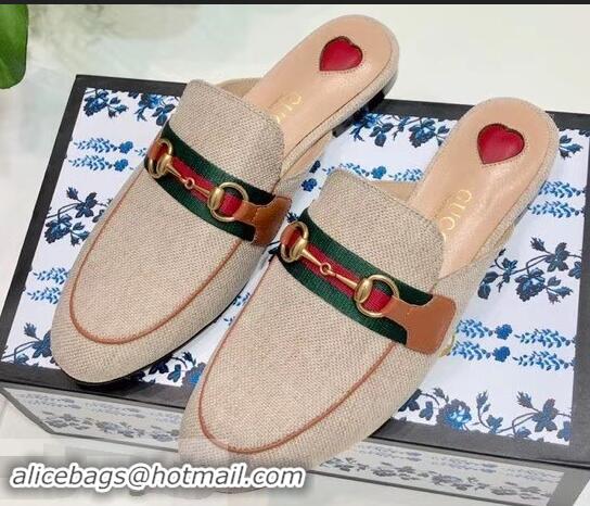 Hot Sell Gucci Web with Horsebit Princetown Canvas Slipper C96332 Beige/Brown 2019