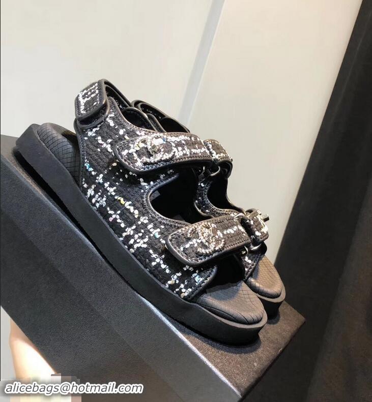 Top Sell Chanel Tweed CC Logo Magic Loop Sandals G34726 Black 2019