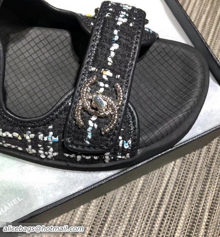 Top Sell Chanel Tweed CC Logo Magic Loop Sandals G34726 Black 2019