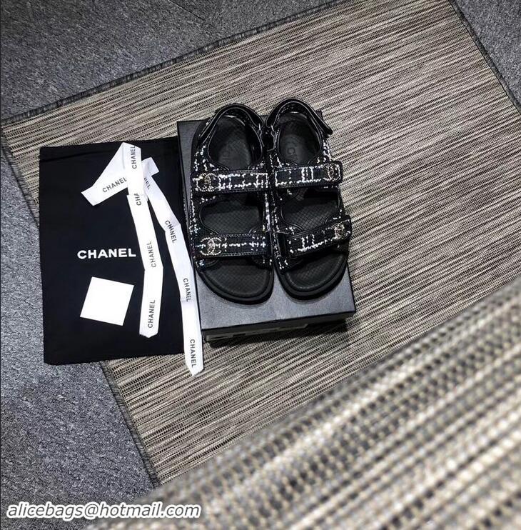 Top Sell Chanel Tweed CC Logo Magic Loop Sandals G34726 Black 2019