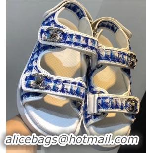 Luxury Imitation Chanel Tweed CC Logo Magic Loop Sandals G34726 Blue 2019