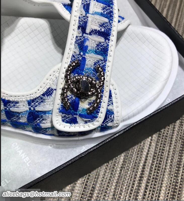 Luxury Imitation Chanel Tweed CC Logo Magic Loop Sandals G34726 Blue 2019