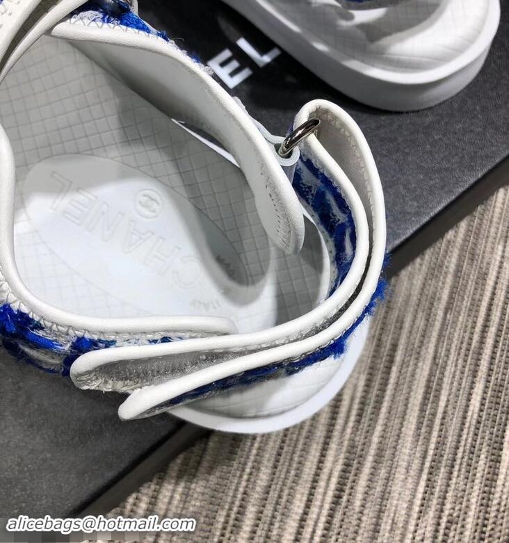 Luxury Imitation Chanel Tweed CC Logo Magic Loop Sandals G34726 Blue 2019