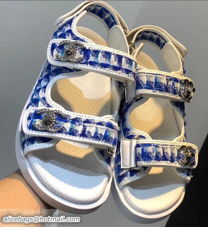 Luxury Imitation Chanel Tweed CC Logo Magic Loop Sandals G34726 Blue 2019