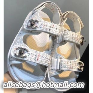 Cheapest Chanel Tweed CC Logo Magic Loop Sandals G34726 White 2019