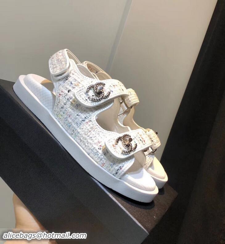 Cheapest Chanel Tweed CC Logo Magic Loop Sandals G34726 White 2019