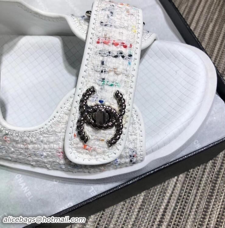 Cheapest Chanel Tweed CC Logo Magic Loop Sandals G34726 White 2019