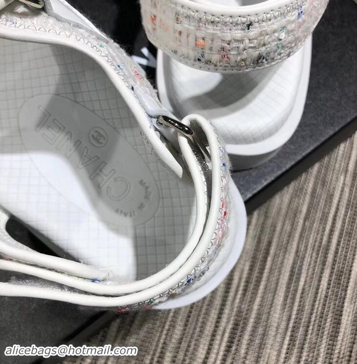 Cheapest Chanel Tweed CC Logo Magic Loop Sandals G34726 White 2019