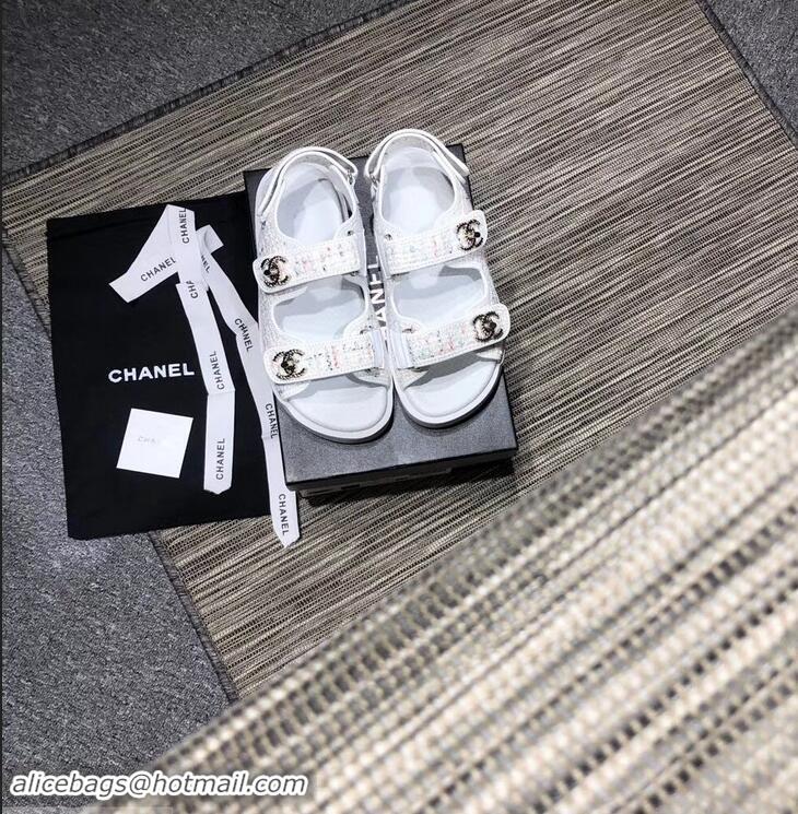 Cheapest Chanel Tweed CC Logo Magic Loop Sandals G34726 White 2019