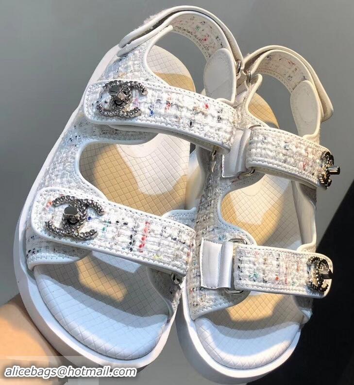 Cheapest Chanel Tweed CC Logo Magic Loop Sandals G34726 White 2019